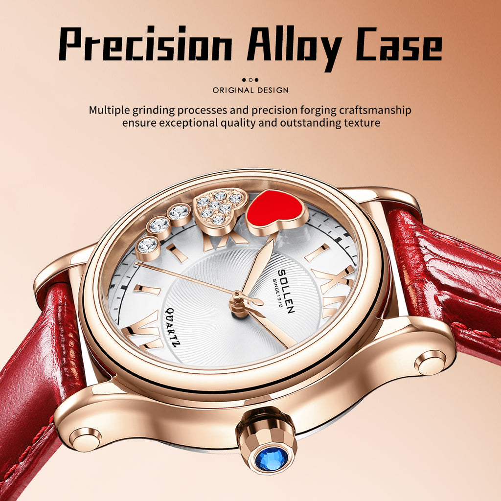 Sollen SL456 Quartz Watch - Women's Genuine Leather Round Wristwatch with Floating Heart Charms