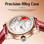 Sollen SL456 Quartz Watch - Women's Genuine Leather Round Wristwatch with Floating Heart Charms