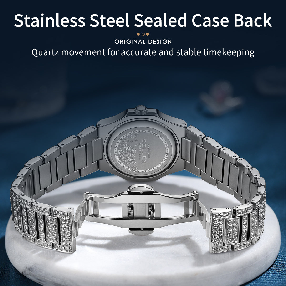 Sollen SL437 Women's Quartz Watch - 33x30mm Full Pave Crystal Dial Fully Iced Out Stainless Steel Bracelet Wristwatch