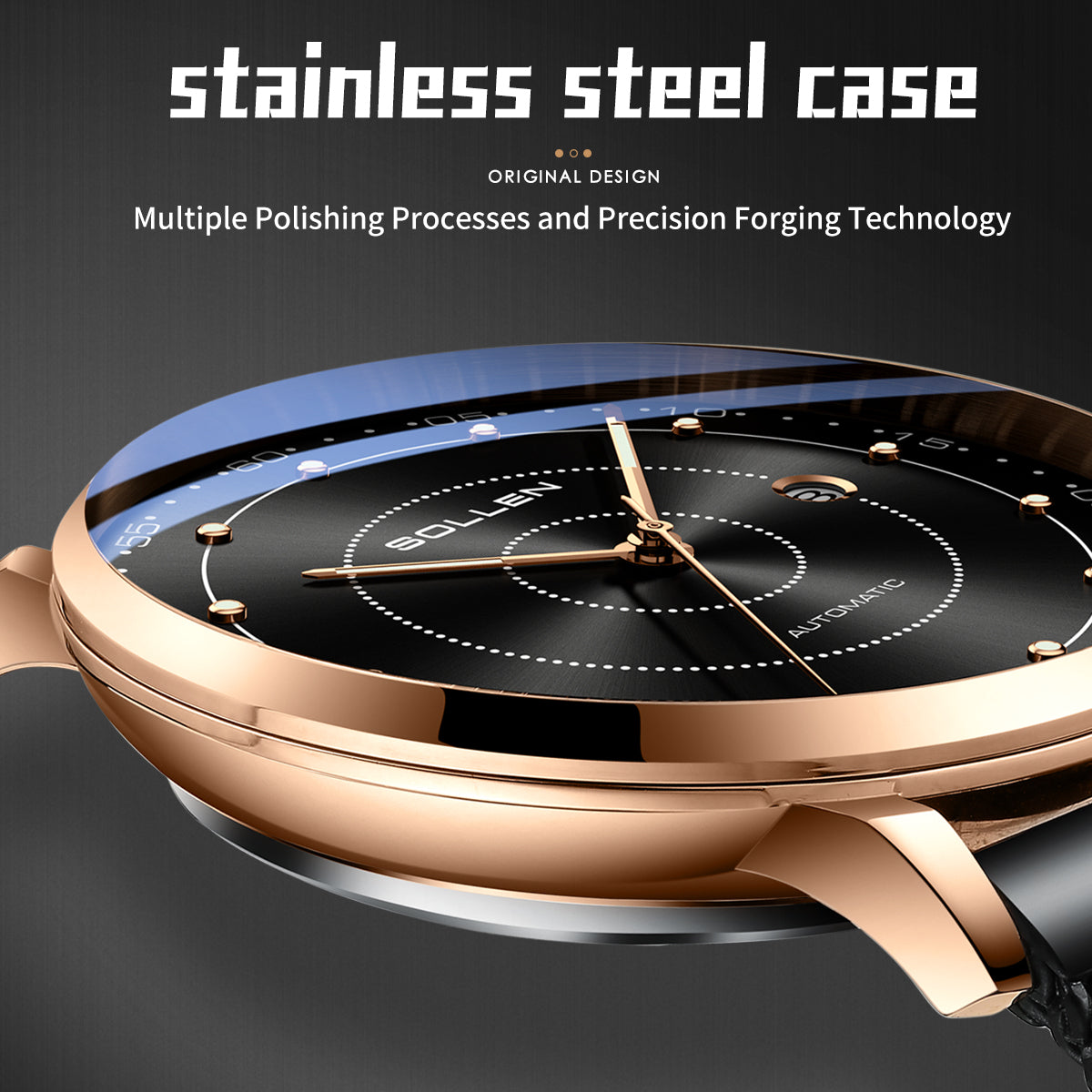 Sollen SL312 Men's Classic Automatic Mechanical Watch - 42mm Stainless Steel Case Slim 9.9mm Luminous Dot Markers Date Window Mesh Bracelet Wristwatch