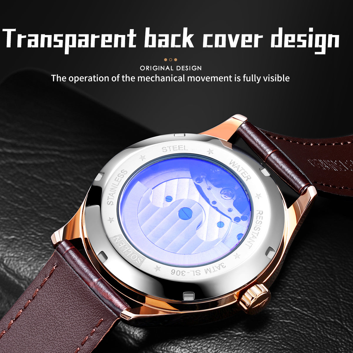 Sollen SL306 Men's Open Heart Automatic Mechanical Watch - 41mm Stainless Steel Case Moon Phase Dual Time Luminous Dial Wristwatch