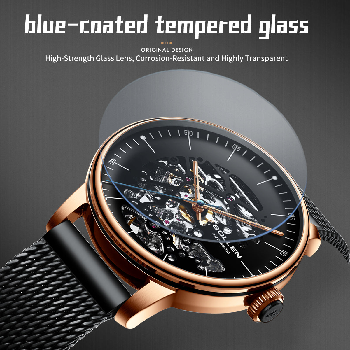 Sollen SL202 Men's Full Skeleton Automatic Mechanical Watch - 42mm Stainless Steel Case Frosted Open Dial Luminous Hands Wristwatch