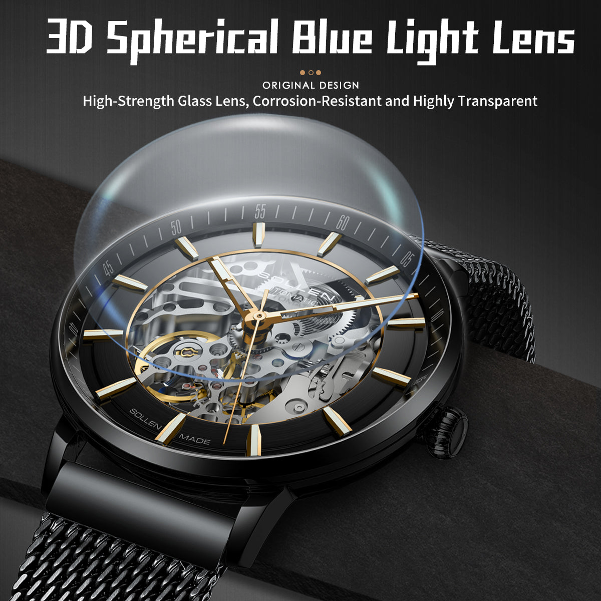 Sollen SL316 Men's Open Heart Full Skeleton Automatic Mechanical Watch - 42mm Stainless Steel Case Slim 9.9mm Acrylic Dial Wristwatch