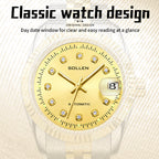 Sollen 9061 Automatic Watch - Men's Classic 36mm Fluted Bezel Cyclops Date 5-Bead Stainless Steel Bracelet Wristwatch