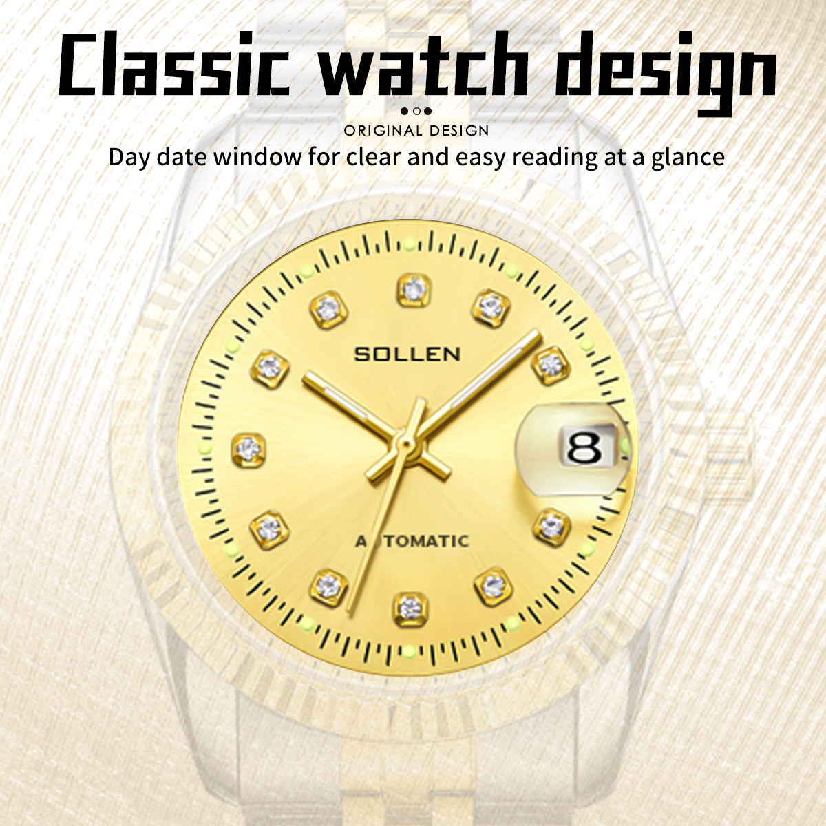 Sollen 9061 Automatic Watch - Men's Classic 36mm Fluted Bezel Cyclops Date 5-Bead Stainless Steel Bracelet Wristwatch