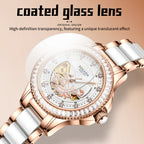 Sollen SL402 Women's Skeleton Automatic Mechanical Watch - 32.5mm Crystal Bezel Mother of Pearl Dial Ceramic Stainless Steel Bracelet Wristwatch