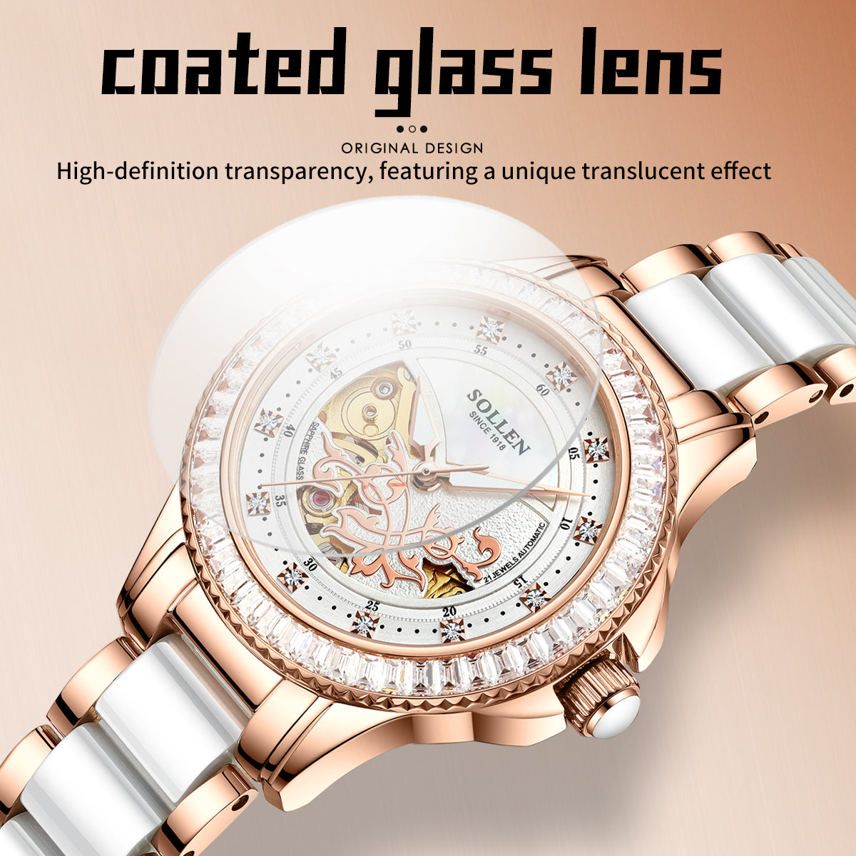 Sollen SL402 Women's Skeleton Automatic Mechanical Watch - 32.5mm Crystal Bezel Mother of Pearl Dial Ceramic Stainless Steel Bracelet Wristwatch