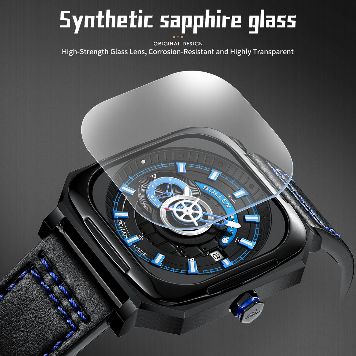 Sollen SL322 Men's Square Automatic Mechanical Watch - 40x41mm Stainless Steel Case Sapphire Crystal Miyota 8217 24H Subdial Leather Strap Wristwatch