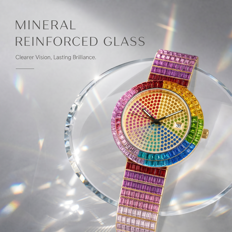 KDW KDW-2401 Quartz Watch - Live Edition Men's & Women's Luxury Iced-Out Full Rainbow Gradient Crystals Encrusted Gold Case Luminous Hands Date Window Stainless Steel Band Hiphop Wristwatch