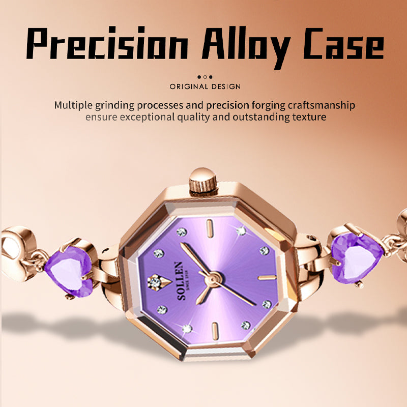 Sollen SL471 Quartz Watch - Women's Rose Gold Purple Chalcedony Jewelry Bracelet Faceted Glass Wristwatch