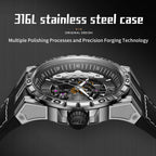 Sollen SL357 Men's Skeleton Automatic Mechanical Watch - 43mm 316L Stainless Steel Case Sapphire Crystal Multi-Layer Dial Leather-Pattern Silicone Strap Wristwatch