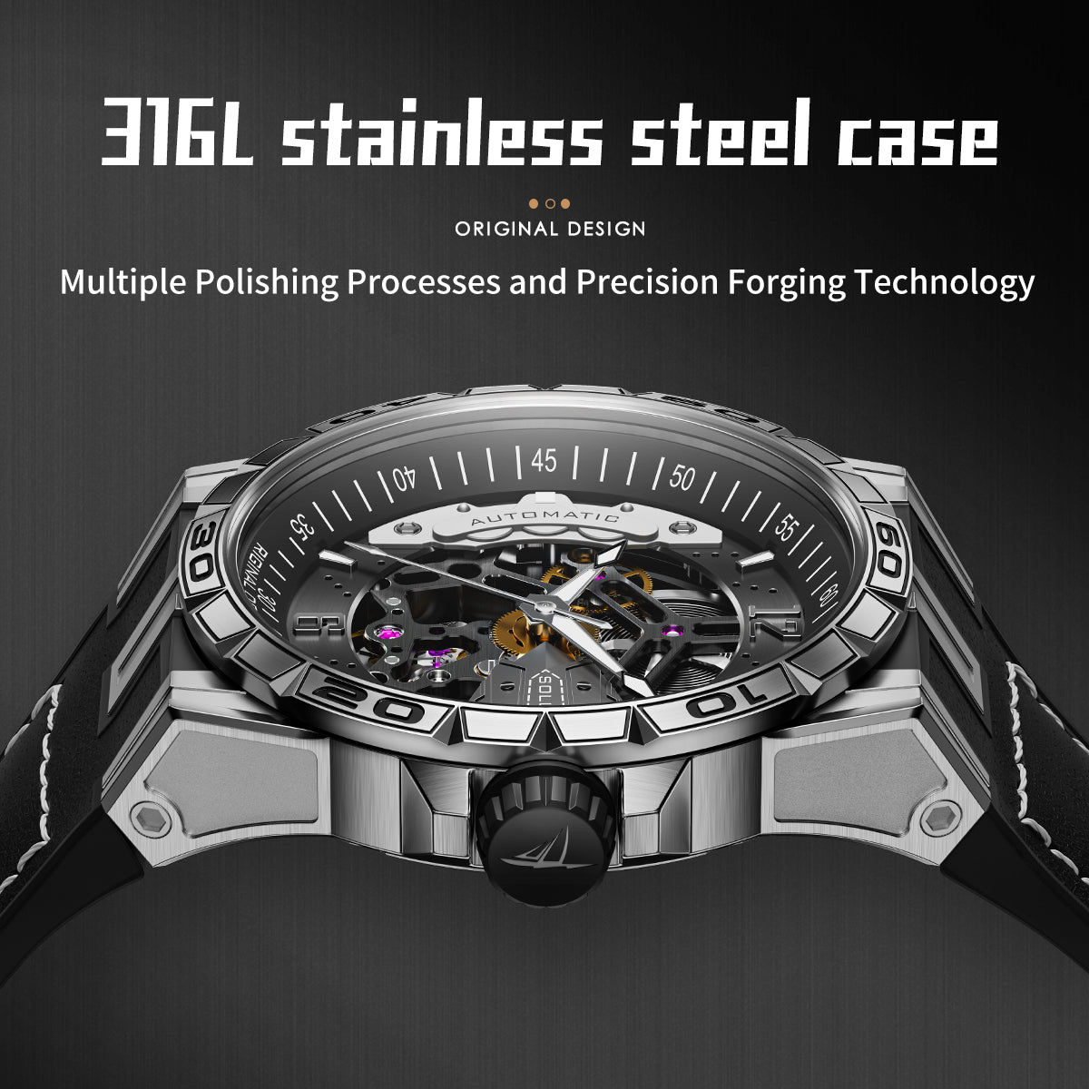 Sollen SL357 Men's Skeleton Automatic Mechanical Watch - 43mm 316L Stainless Steel Case Sapphire Crystal Multi-Layer Dial Leather-Pattern Silicone Strap Wristwatch