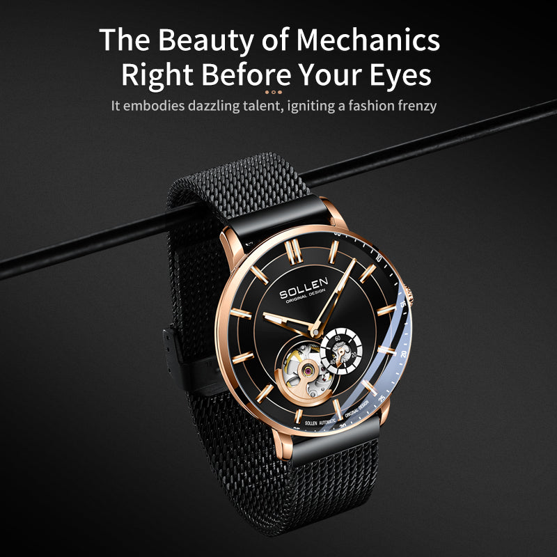 Sollen SL365 Men's Open Heart Automatic Mechanical Watch - 42mm Stainless Steel Case Slim 9.9mm Miyota 82S5 Movement Small Seconds Mesh Bracelet Wristwatch