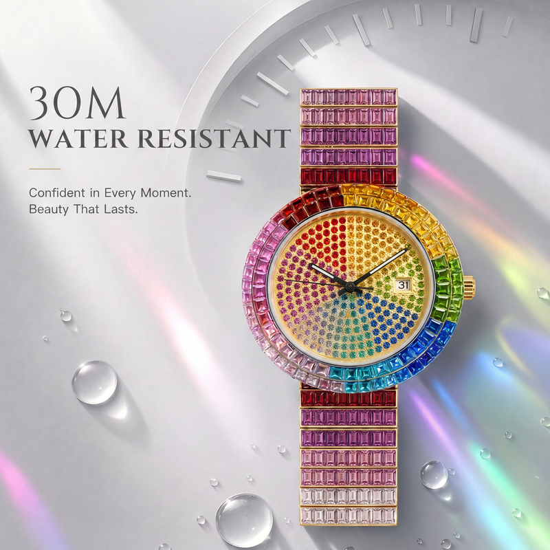 KDW KDW-2401 Quartz Watch - Live Edition Men's & Women's Luxury Iced-Out Full Rainbow Gradient Crystals Encrusted Gold Case Luminous Hands Date Window Stainless Steel Band Hiphop Wristwatch