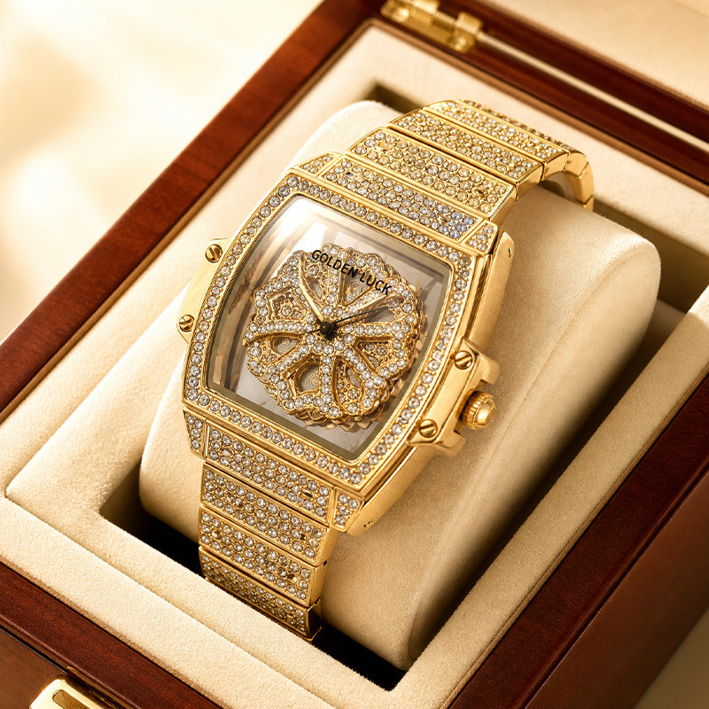 LOOK WORLD RKS267 Live Edition Men's Iced Out Watch - Luxury Full Crystals Encrusted Cushion Case Creative Rotating Spinning Dial Metal Band Hiphop Wristwatch