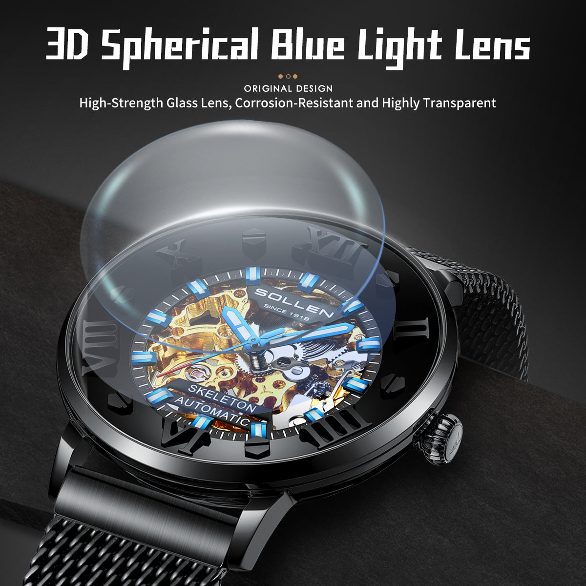 Sollen SL307 Men's Full Skeleton Automatic Mechanical Watch - 42mm Stainless Steel Case Slim 9.9mm Roman Numeral Bezel Mesh Bracelet Wristwatch