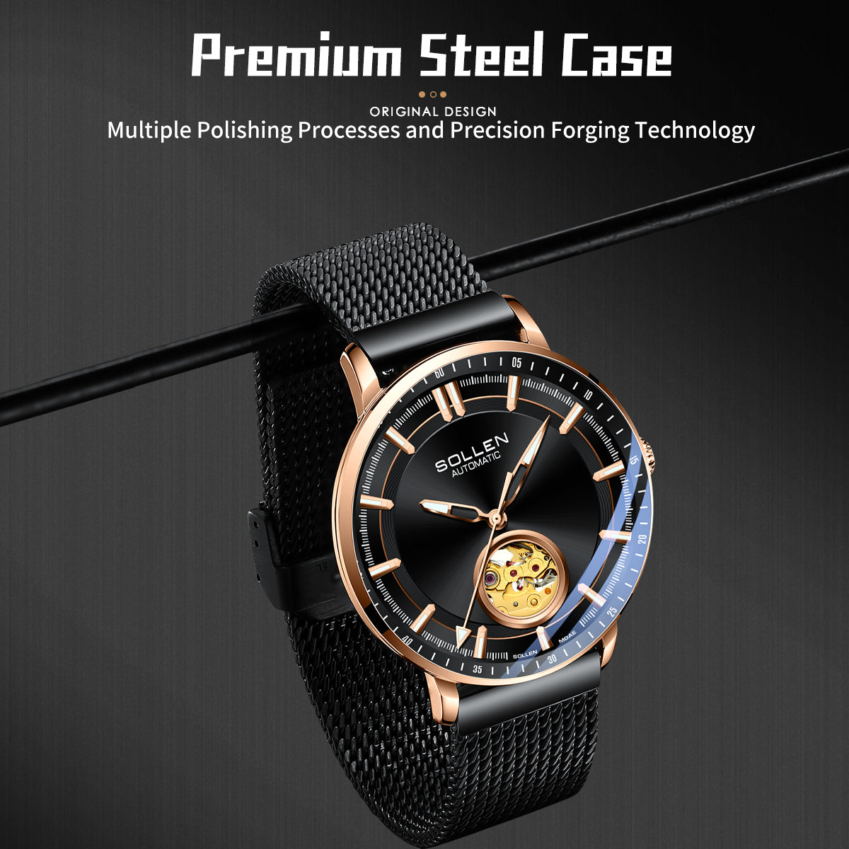 Sollen SL360 Men's Open Heart Automatic Mechanical Watch - 42mm Stainless Steel Case Slim 9.9mm Miyota Movement Luminous Markers Mesh Bracelet Wristwatch