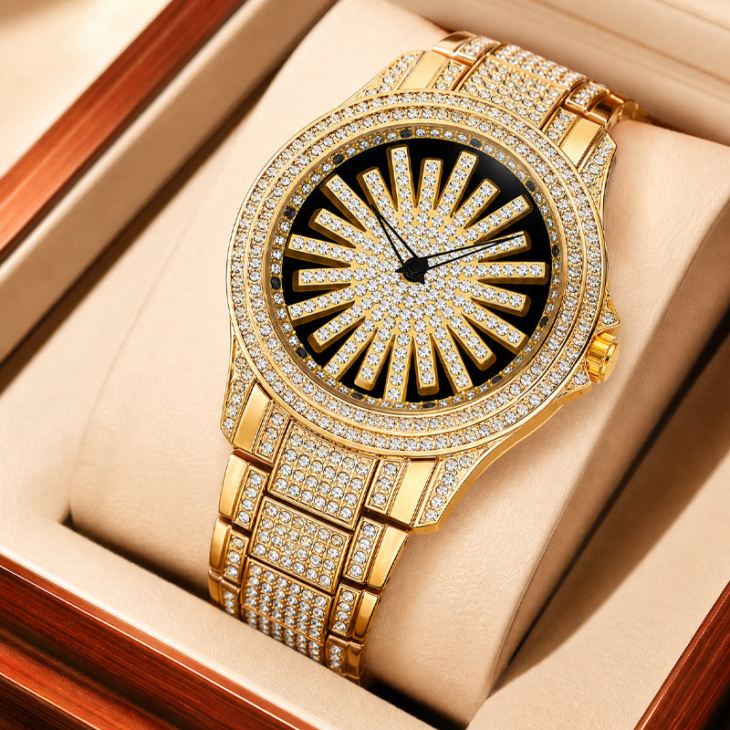 LOOK WORLD RKS1006 Live Edition Men's Iced Out Watch - Luxury Full Crystals Encrusted Bold Case Creative Spinning Sunburst Dial Metal Band Hiphop Wristwatch