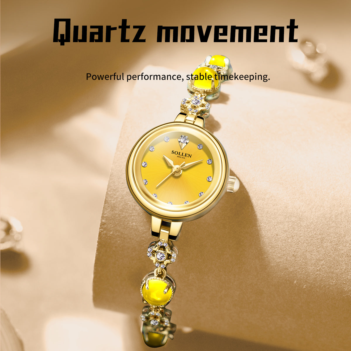 Sollen SL476 Quartz Watch - Women's Gold Yellow Chalcedony Jewelry Bracelet Genuine Diamond Wristwatch