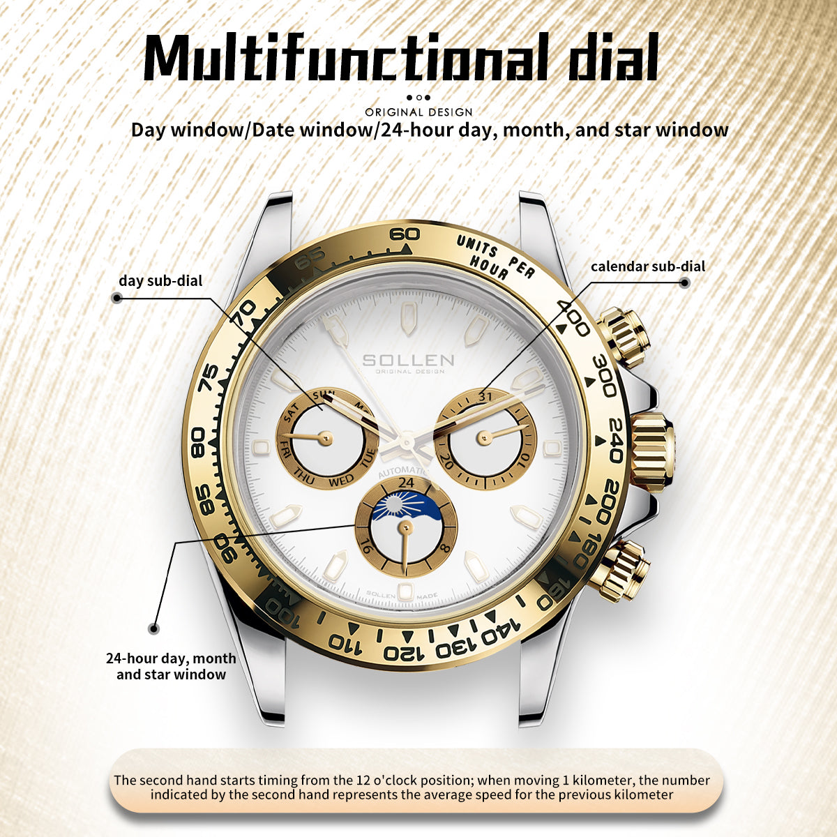 Sollen SL808 Multi-Function Watch - Men's Moonphase Sunray Dial Luminous Markers 3-Bead Stainless Steel Bracelet Wristwatch