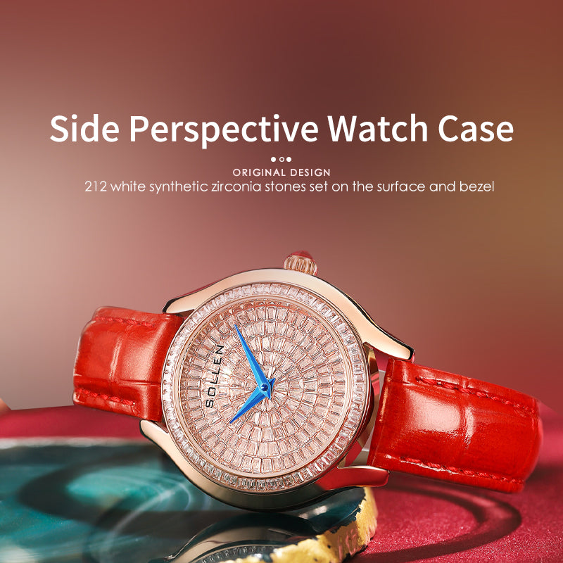 Sollen SL436 Women's Quartz Watch - 36mm Full Pave Crystal Dial Ruby Crown Genuine Leather Strap Wristwatch