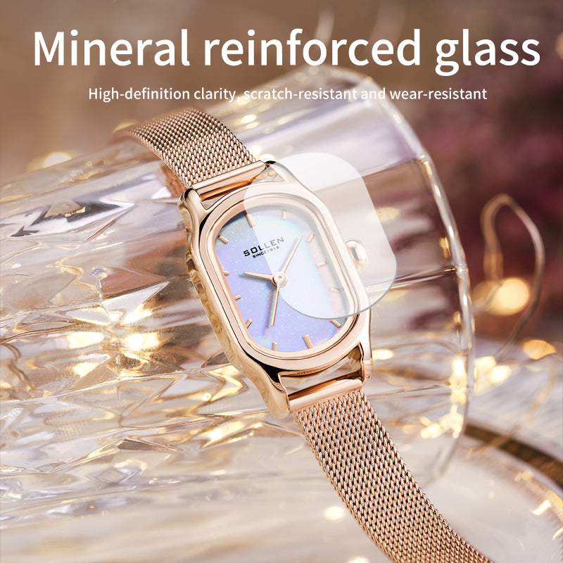 Sollen SL425 Women's Oval Holographic Quartz Watch - 20x26mm Rainbow Dial Rose Gold Mesh Bracelet Wristwatch