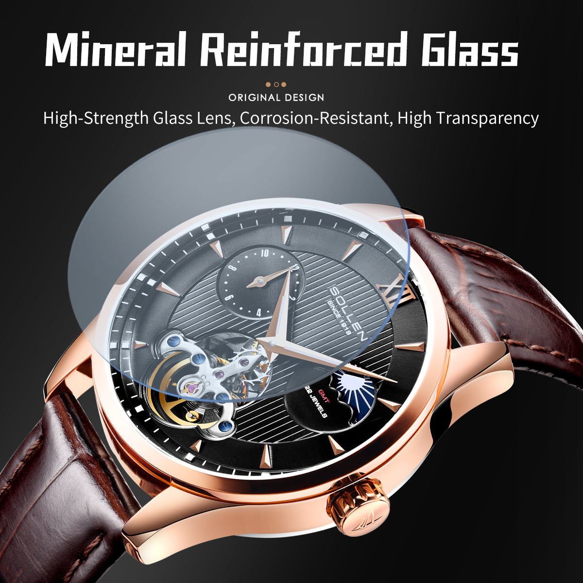 Sollen SL302X Men's Open Heart Automatic Mechanical Watch - 41mm Stainless Steel Case Moon Phase Dual Time Leather Strap Wristwatch