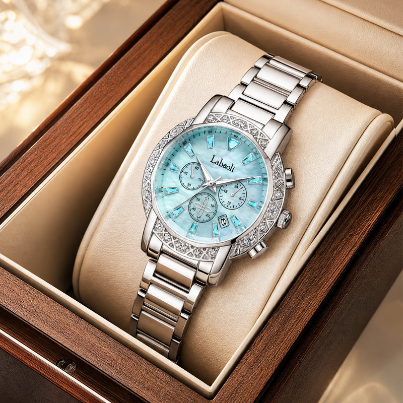 Labaoli LA559 Quartz Watch - Live Edition Women's Luxury 37mm Crystal-Encrusted Bezel Diamond-Cut Lens Chronograph Style Dial Slanted Date Two-Tone Link Bracelet Wristwatch