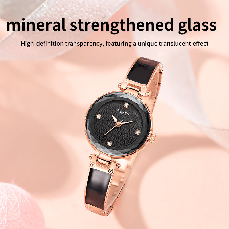 Sollen SL428 Women's Quartz Watch - 30mm Swarovski Zirconia Markers Luminous Hands Resin Inlay Bracelet Wristwatch
