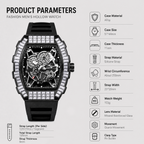 JEMSDUN JSD2406 Live Edition Men's High-Street Quartz Watch - 51x44mm Silver Case Baguette Crystal Bezel Mechanical Skeleton Dial Silicone Strap Wristwatch