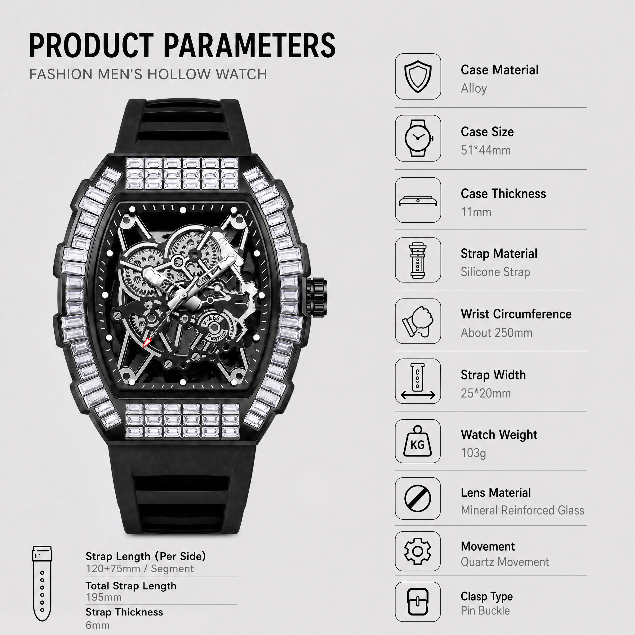 JEMSDUN JSD2406 Live Edition Men's High-Street Quartz Watch - 51x44mm Silver Case Baguette Crystal Bezel Mechanical Skeleton Dial Silicone Strap Wristwatch