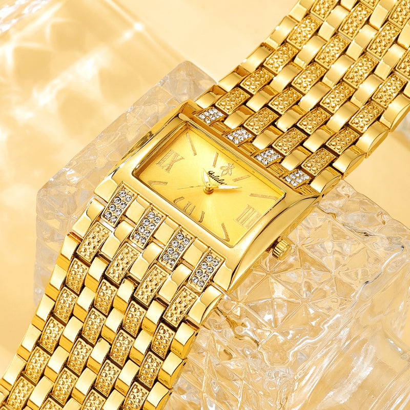 LX1044 Quartz Watch - Live Edition Luxury Horizontal Rectangular Gold Case Dual-Row Crystal Accent Bezel 31mm Wide Link Bracelet Wristwatch