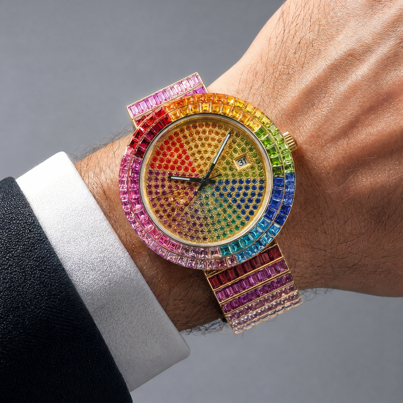 KDW KDW-2401 Quartz Watch - Live Edition Men's & Women's Luxury Iced-Out Full Rainbow Gradient Crystals Encrusted Gold Case Luminous Hands Date Window Stainless Steel Band Hiphop Wristwatch