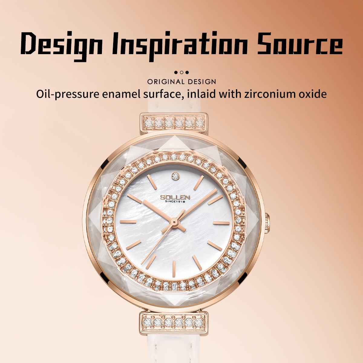 Sollen SL427 Women's Quartz Watch - 35mm Crystal Bezel Mother of Pearl Dial Swarovski Zirconia Genuine Leather Strap Wristwatch