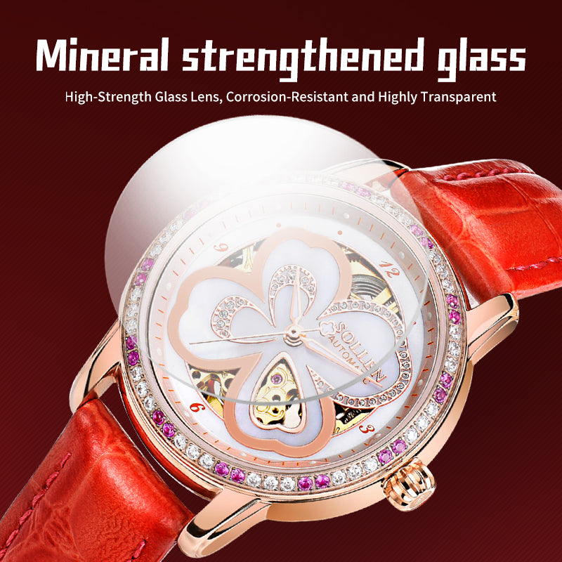 Sollen SL405 Women's Four-Leaf Clover Skeleton Automatic Watch - 35mm Crystal Bezel Mother of Pearl Dial Leather Strap Wristwatch