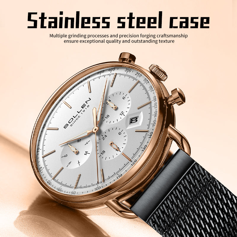 Sollen SL705 Quartz Watch - Men's Multi-Function Dual-Time Domed Glass Stainless Steel Mesh Band Wristwatch