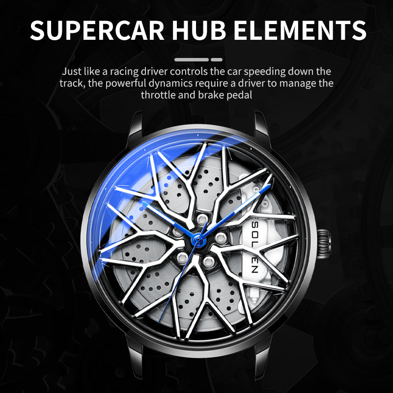 Sollen SL358 Men's 3D Rotating Wheel Rim Quartz Watch - 42.5mm Stainless Steel Case Racing Car Caliper Dial Mesh Bracelet Wristwatch