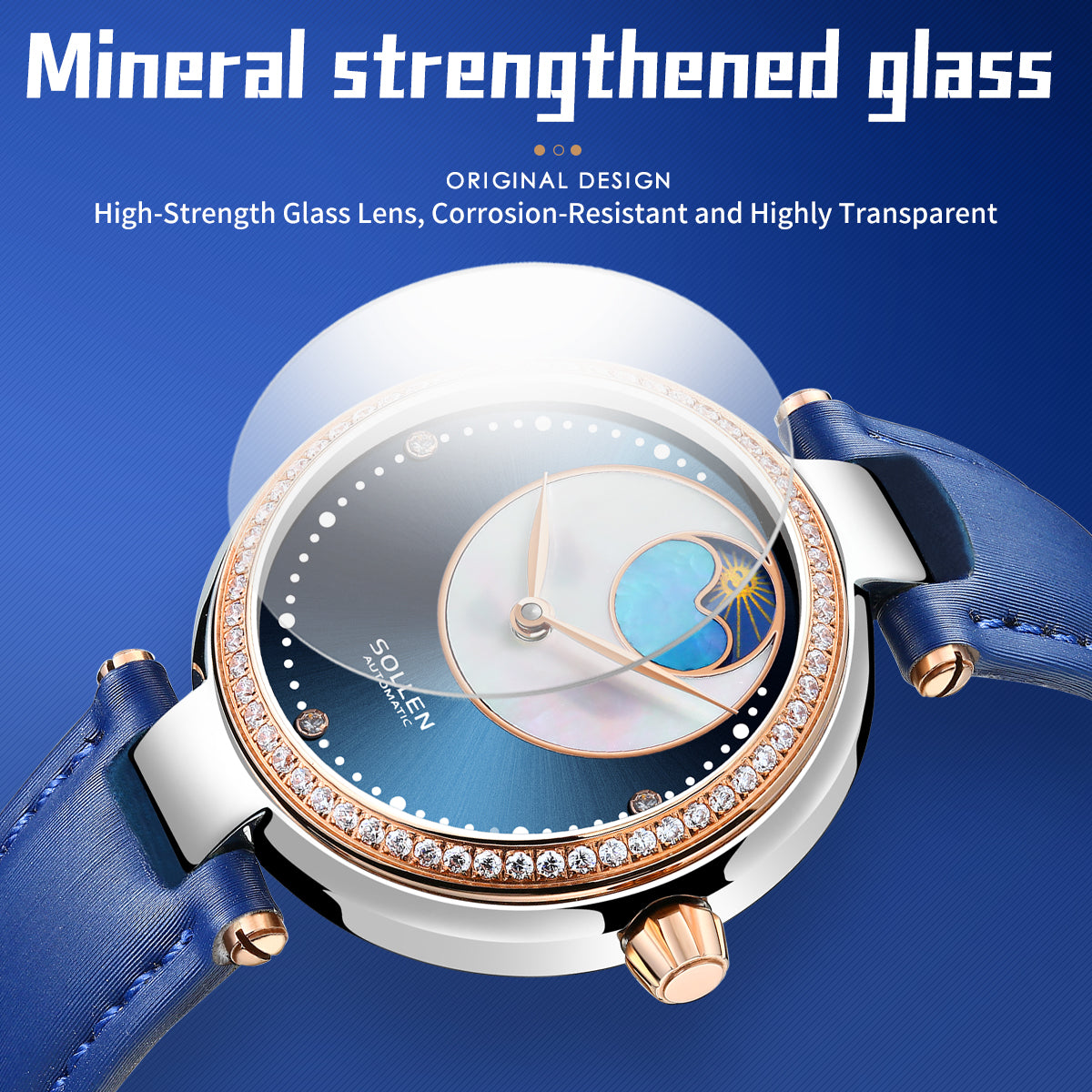 Sollen SL410 Women's Moon Phase Automatic Mechanical Watch - 32.5mm Crystal Bezel Mother of Pearl Dial Wristwatch
