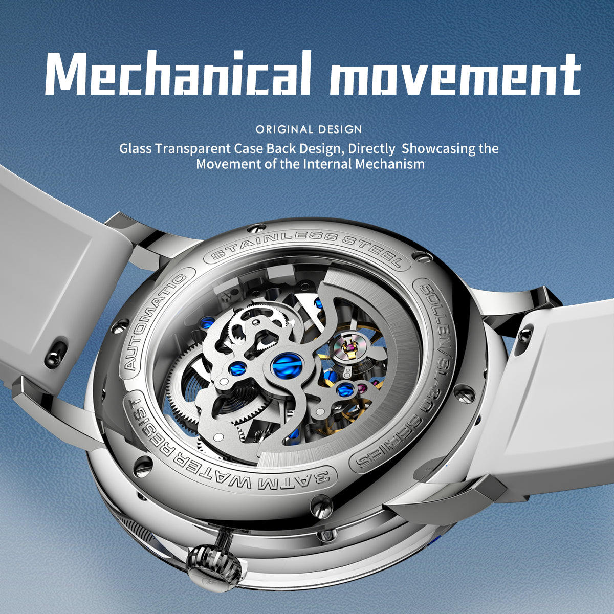 Sollen SL320 Men's Full Skeleton Automatic Mechanical Watch - 42mm K9 Glass Case Sandblasted Open Dial Fluororubber Strap Wristwatch