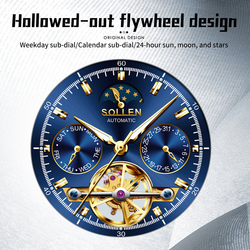 Sollen SL806 Multi-Function Watch - Men's Open-Heart Moonphase Sunburst Dial 7-Bead Tungsten-Steel Bracelet Wristwatch