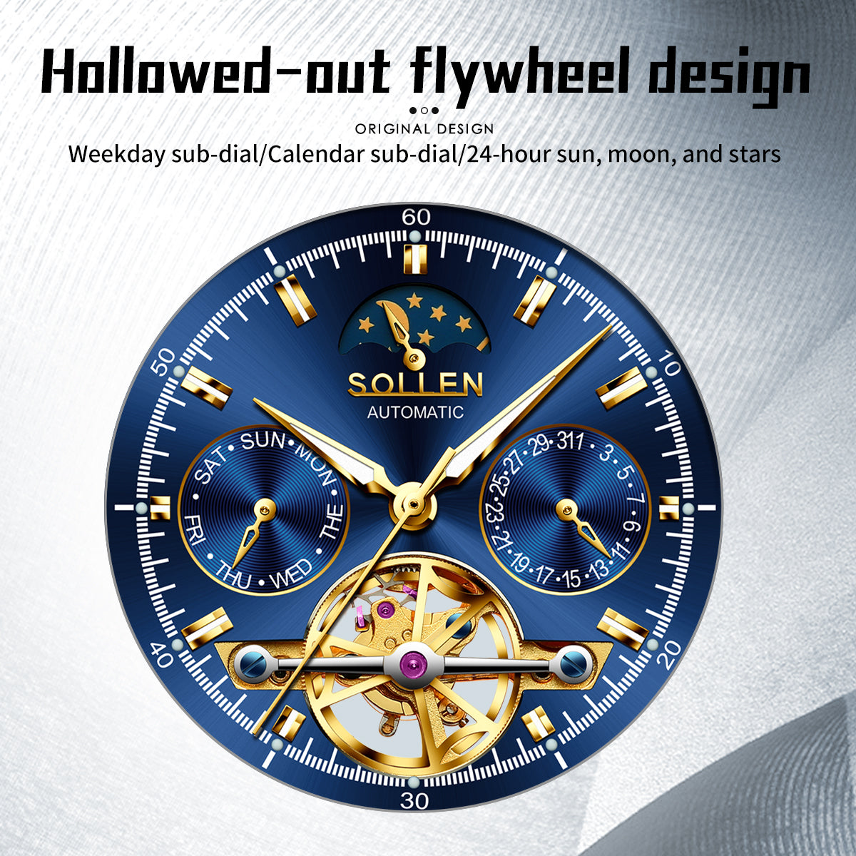 Sollen SL806 Multi-Function Watch - Men's Open-Heart Moonphase Sunburst Dial 7-Bead Tungsten-Steel Bracelet Wristwatch