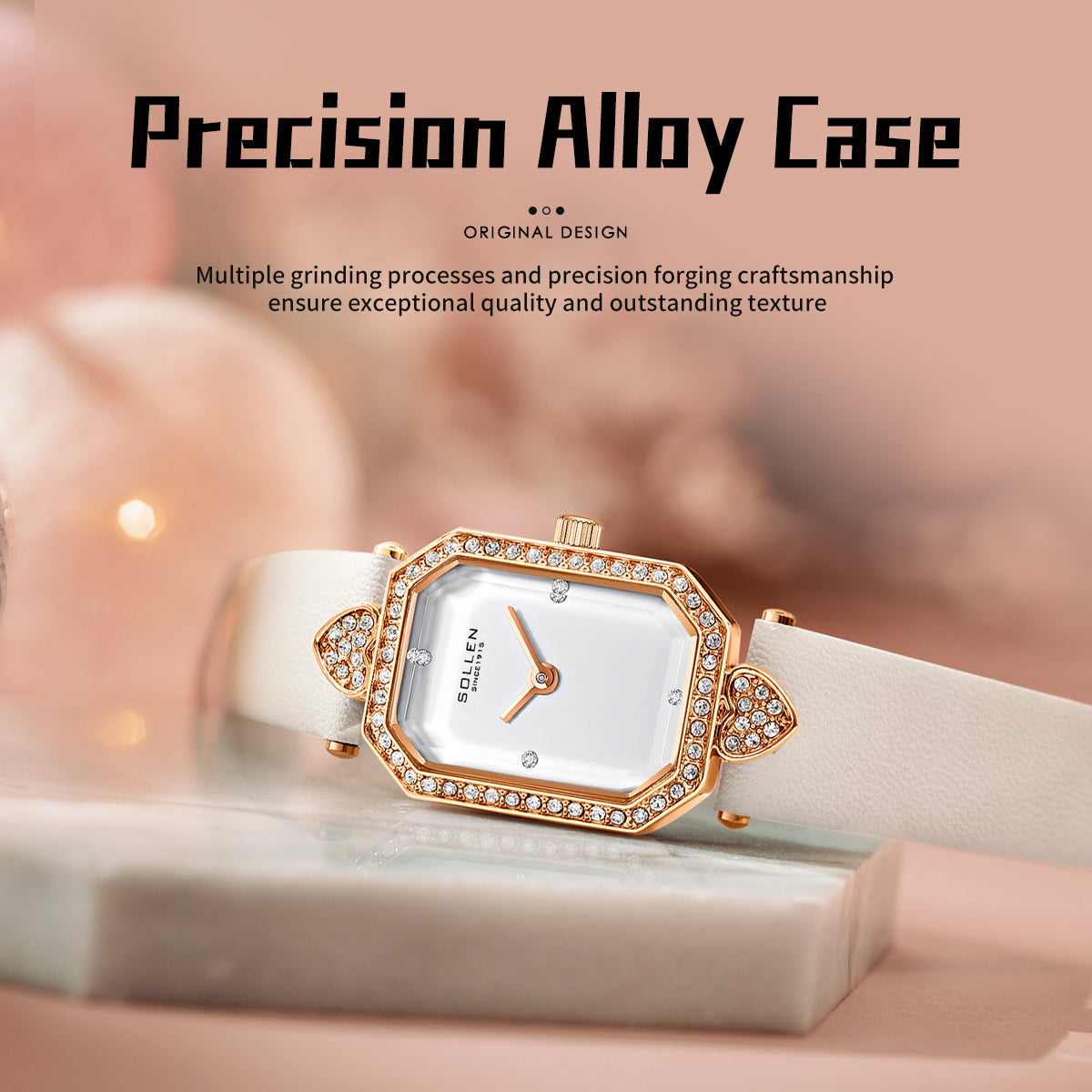 Sollen SL426 Women's Tank Quartz Watch - 20x26mm Slim 7mm Crystal Bezel Swarovski Zirconia Genuine Leather Strap Wristwatch