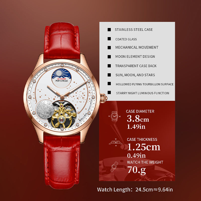 Sollen SL465 Multi-Function Automatic Watch - Women's Genuine Leather Open-Heart Flywheel Wristwatch