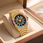 RKS RKS1159 Live Edition Men's Iced Out Watch - Luxury Rainbow Baguette Crystal Bezel Pave Dial Luminous Hands 6H Date Metal Band Hiphop Wristwatch