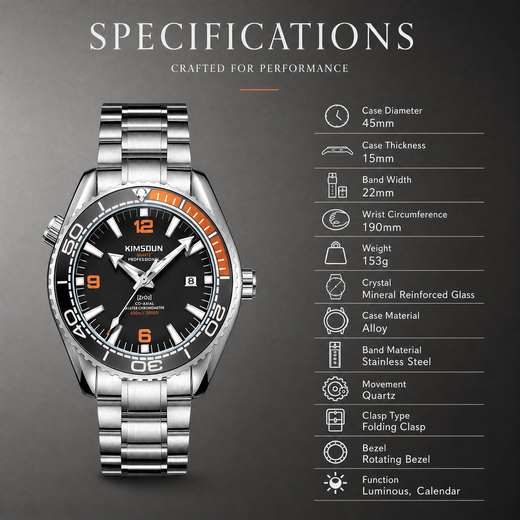 JEMSDUN JSD1803 Live Edition Men's Planet Ocean Style Diver Quartz Watch - 44mm Silver Case Orange & Black Bezel Luminous Dial 3H Date Metal Band Wristwatch