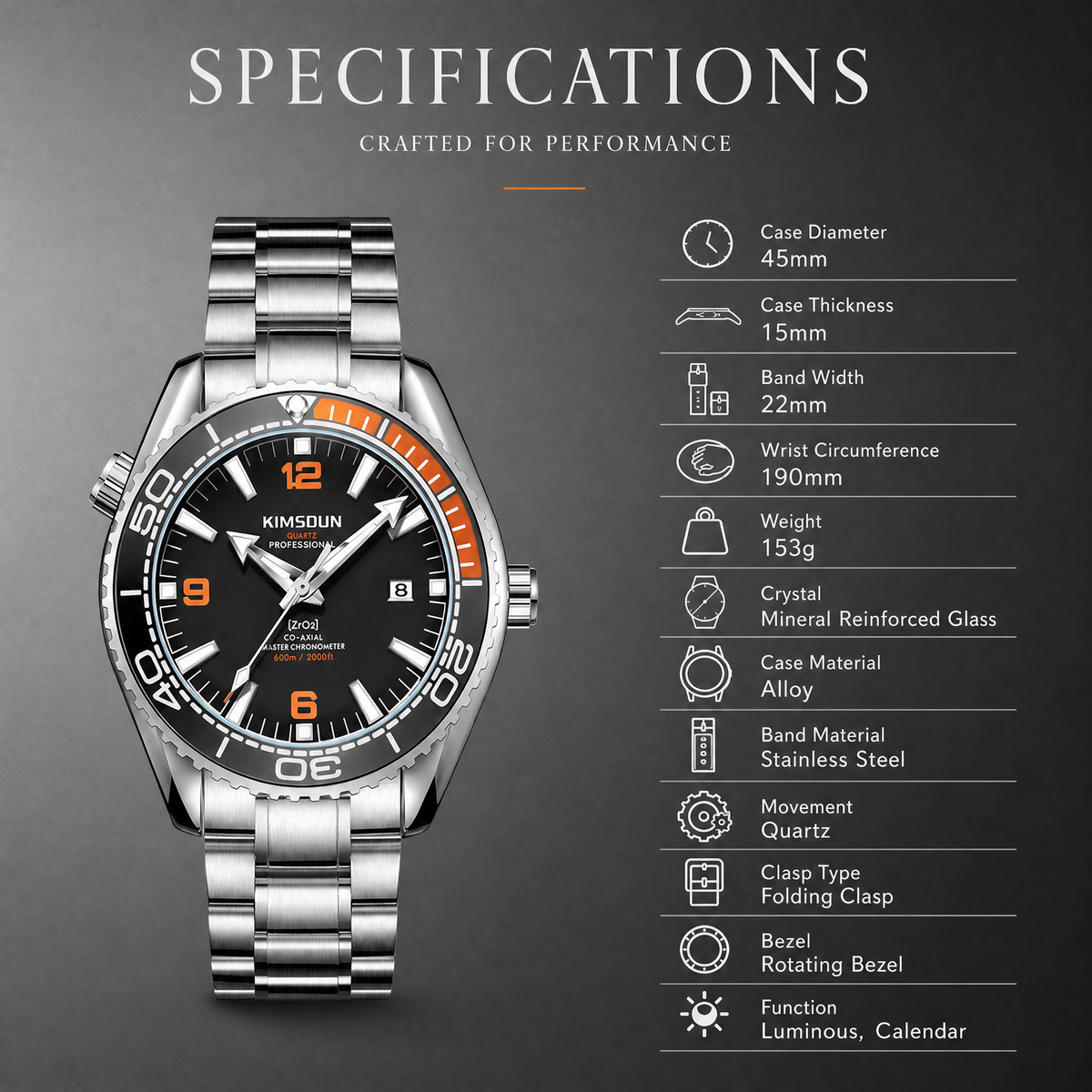 JEMSDUN JSD1803 Live Edition Men's Planet Ocean Style Diver Quartz Watch - 44mm Silver Case Orange & Black Bezel Luminous Dial 3H Date Metal Band Wristwatch