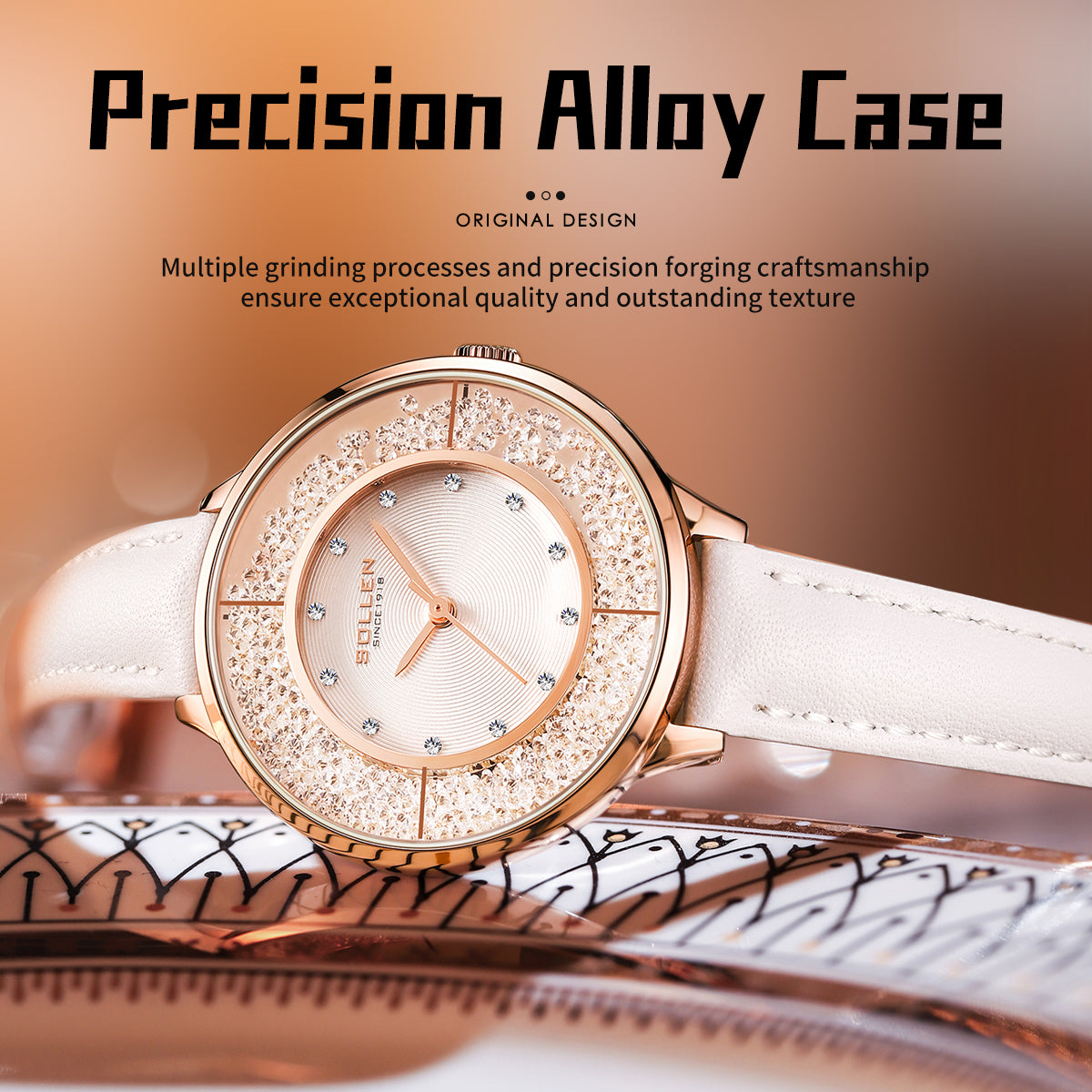 Sollen SL423 Women's Quartz Watch - 33.5mm Vinyl Record Texture Dial 12 Zirconia Markers Genuine Leather Strap Wristwatch