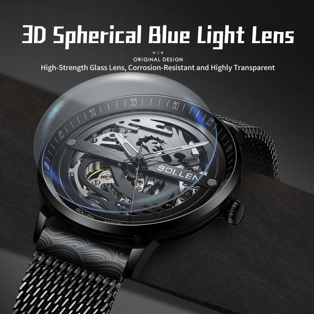 Sollen SL317 Men's Skeleton Dragon Automatic Mechanical Watch - 42mm Stainless Steel Case Slim 9.9mm Open Heart Mesh Bracelet Wristwatch