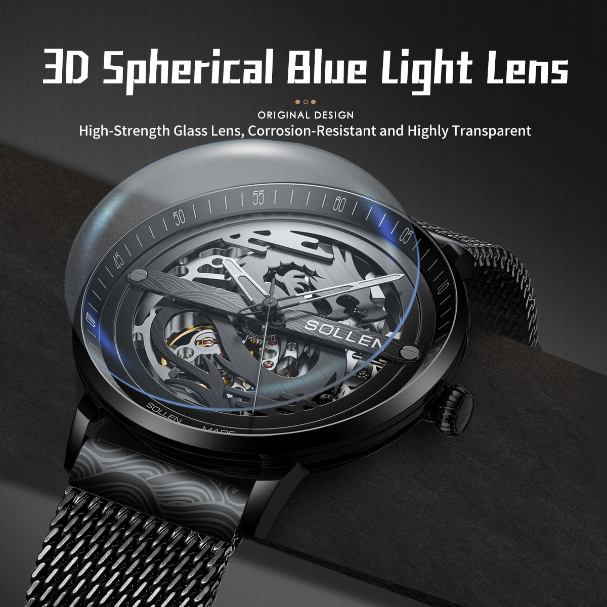 Sollen SL317 Men's Skeleton Dragon Automatic Mechanical Watch - 42mm Stainless Steel Case Slim 9.9mm Open Heart Mesh Bracelet Wristwatch