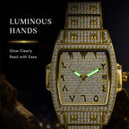 BELBI BELBL-8246 Live Edition Men's Iced Out Watch - Luxury Full Crystals Encrusted Tonneau Case Pave Dial Eastern Arabic Numerals 3H Date Metal Band Hiphop Wristwatch
